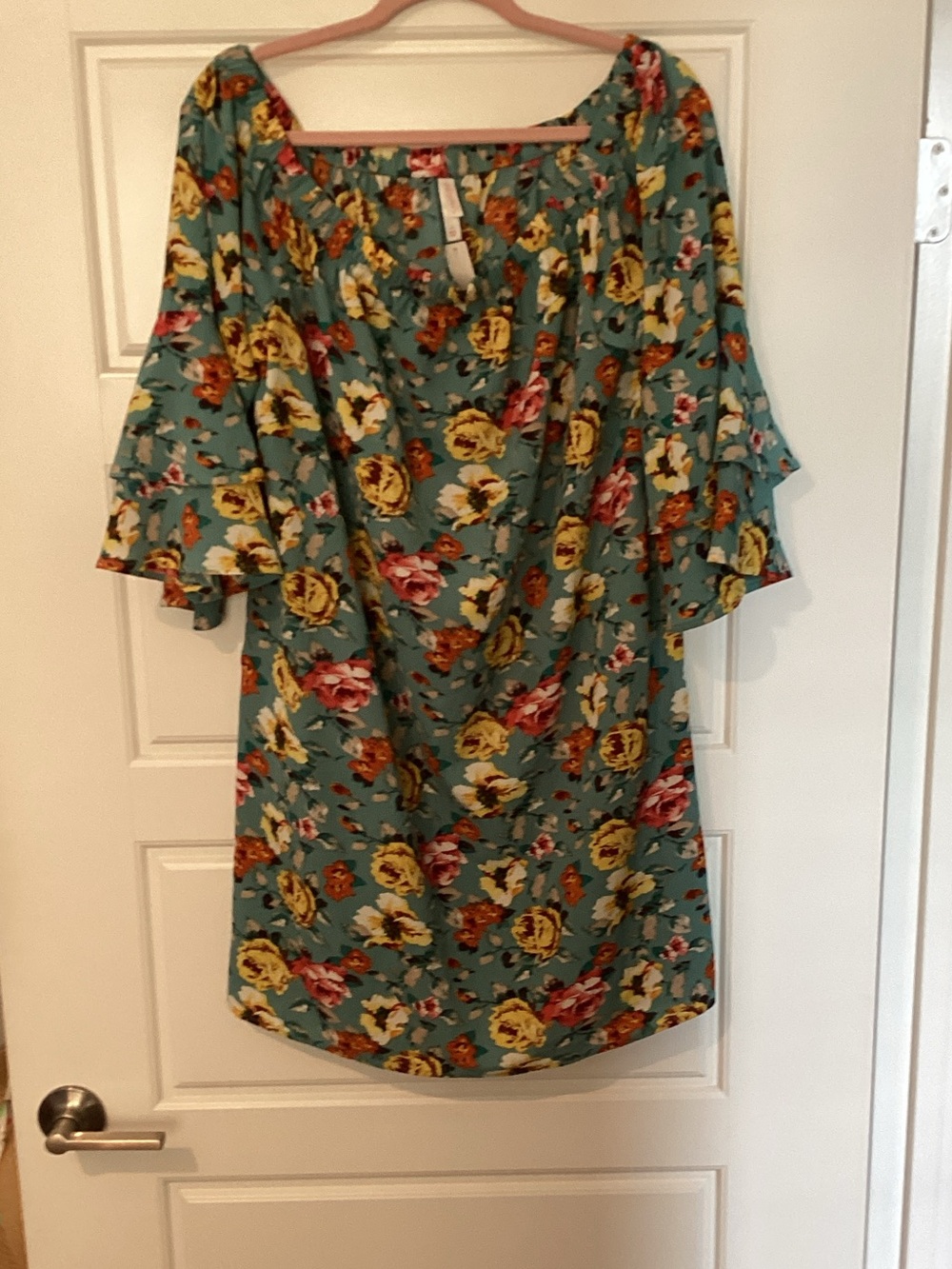 Xhilaration Teal Floral Mini Dress with Yellow and Pink Blooms